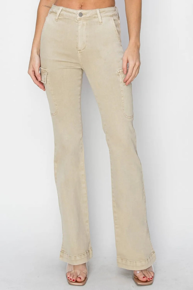 RISEN Full Size High Rise Side Slit Cargo Bootcut Jeans - Love Salve