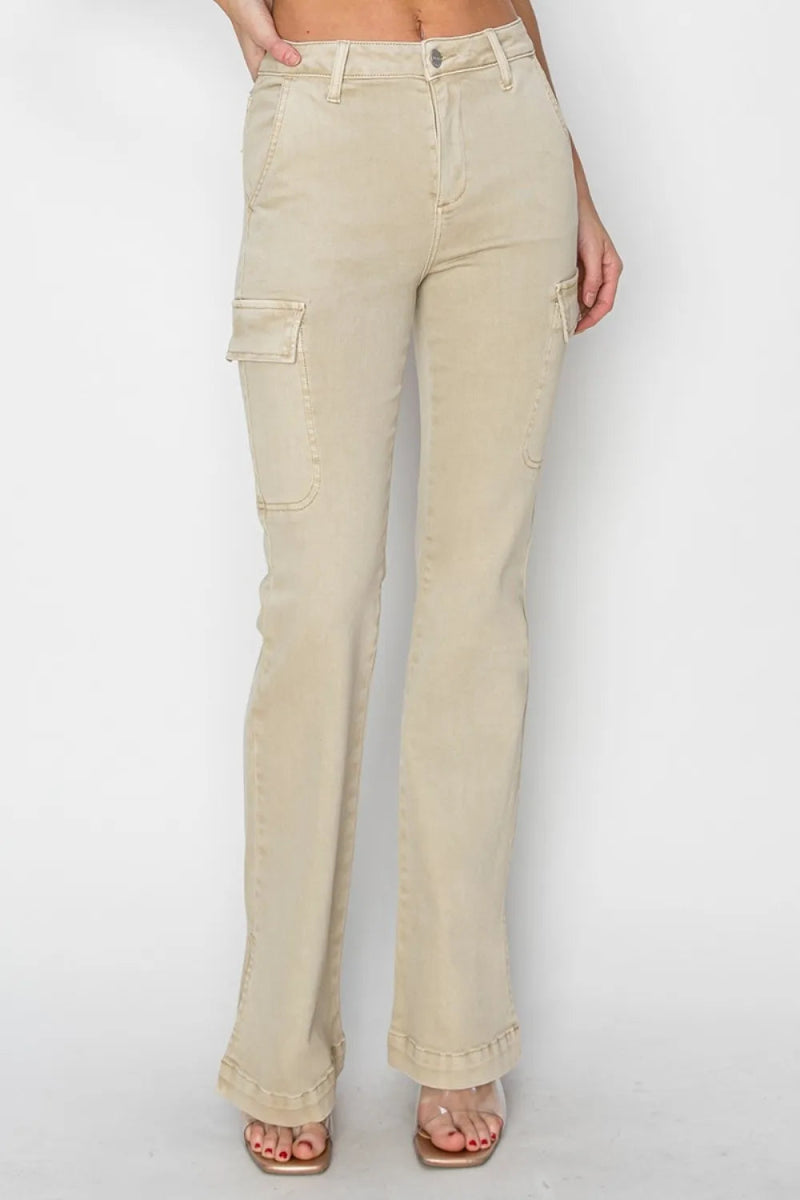 RISEN Full Size High Rise Side Slit Cargo Bootcut Jeans - Love Salve