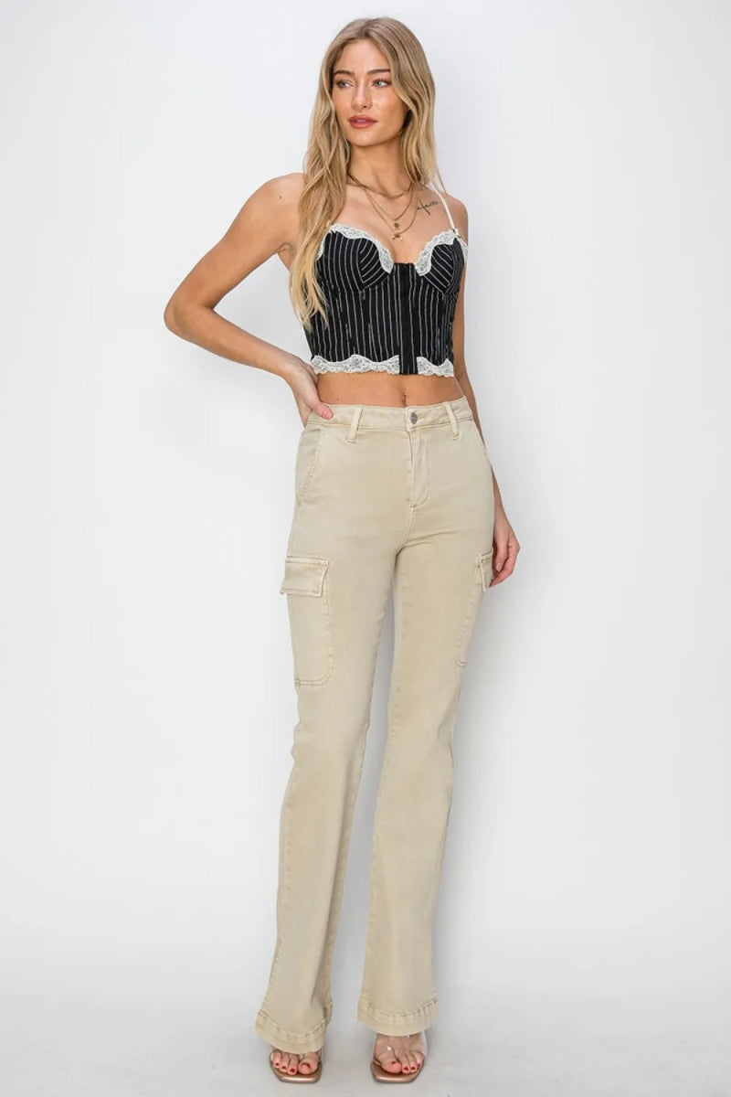 RISEN Full Size High Rise Side Slit Cargo Bootcut Jeans - Love Salve