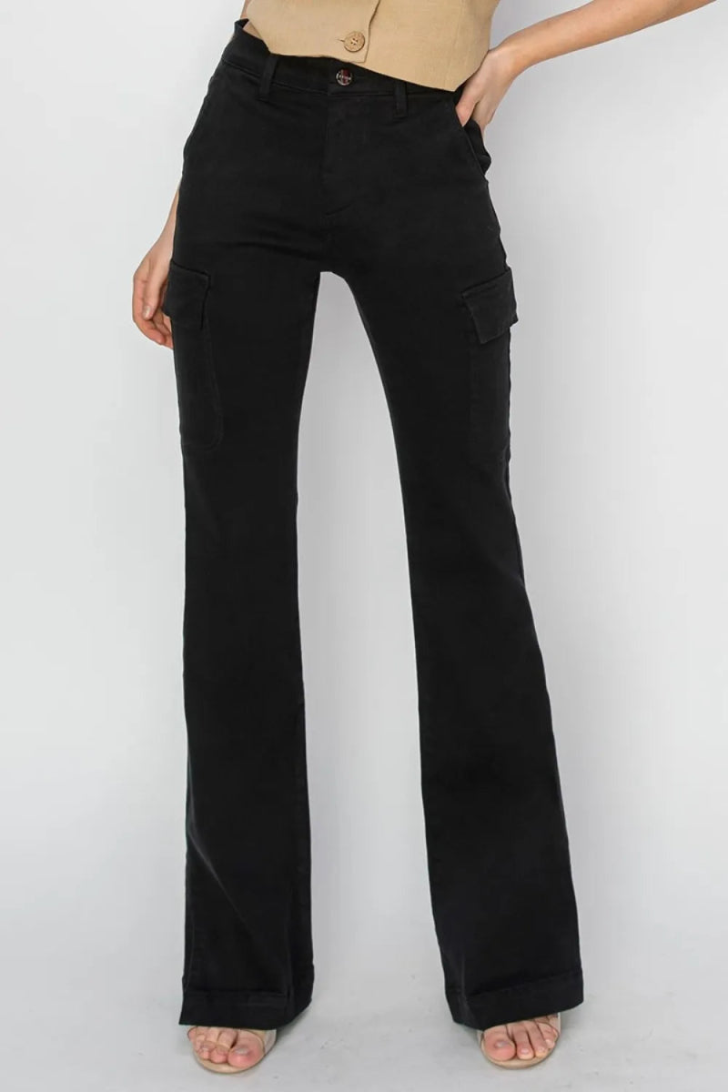 RISEN Full Size High Rise Side Slit Cargo Bootcut Jeans - Love Salve