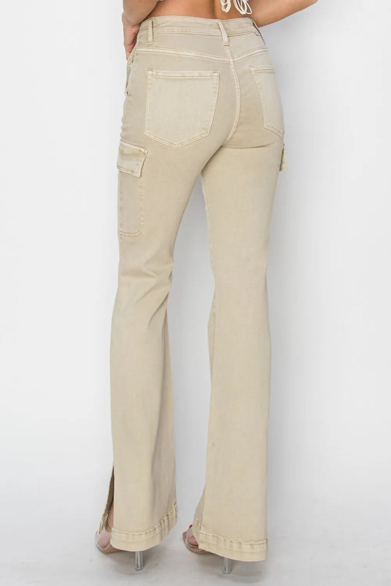 RISEN Full Size High Rise Side Slit Cargo Bootcut Jeans - Love Salve