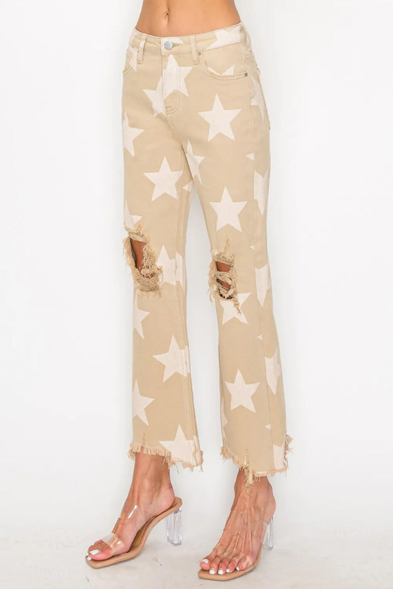 RISEN Full Size High Rise Star Printed Frayed Hem Jeans - Love Salve