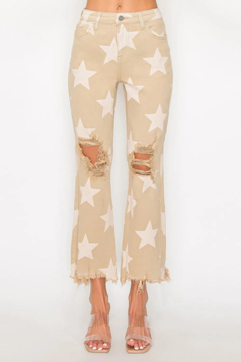 RISEN Full Size High Rise Star Printed Frayed Hem Jeans - Love Salve