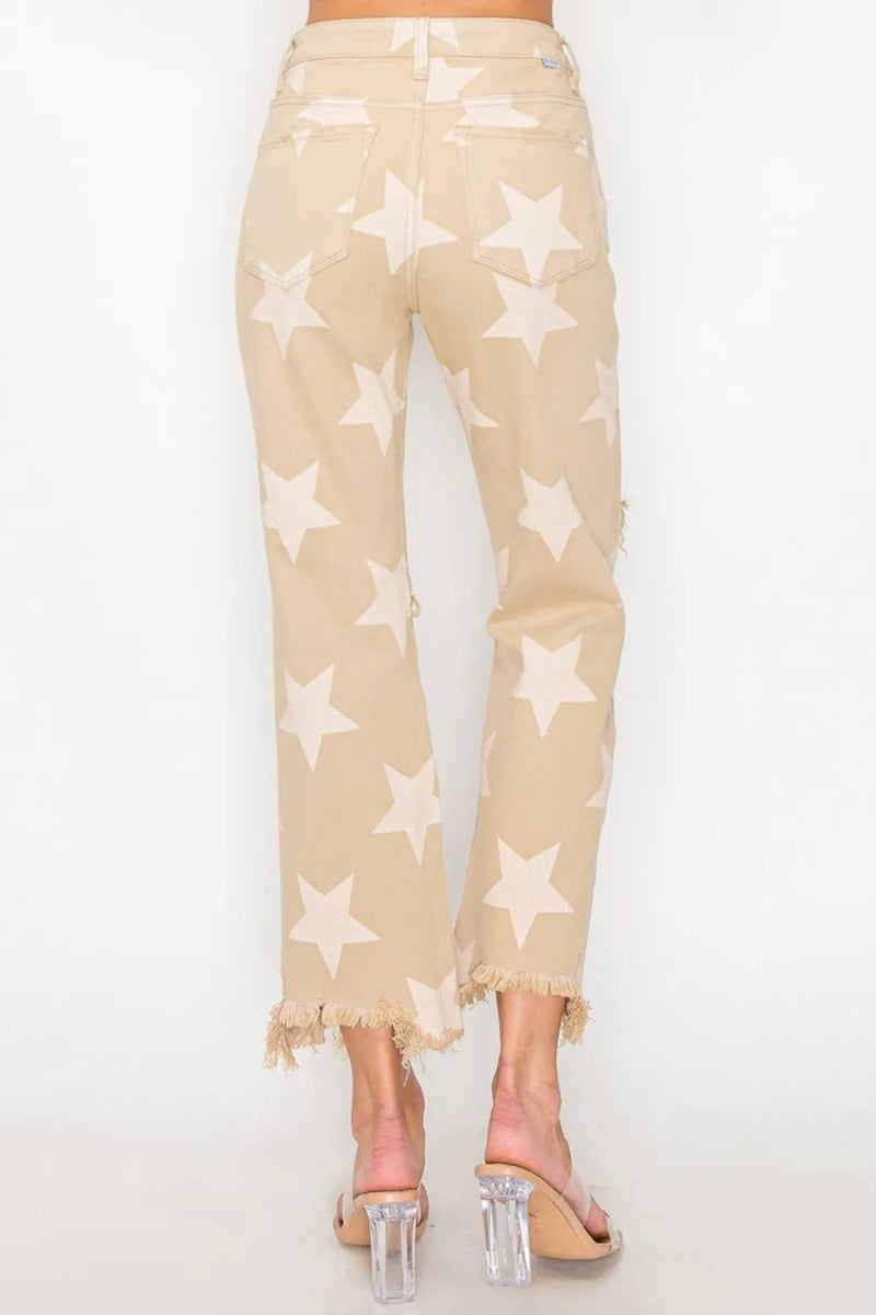RISEN Full Size High Rise Star Printed Frayed Hem Jeans - Love Salve