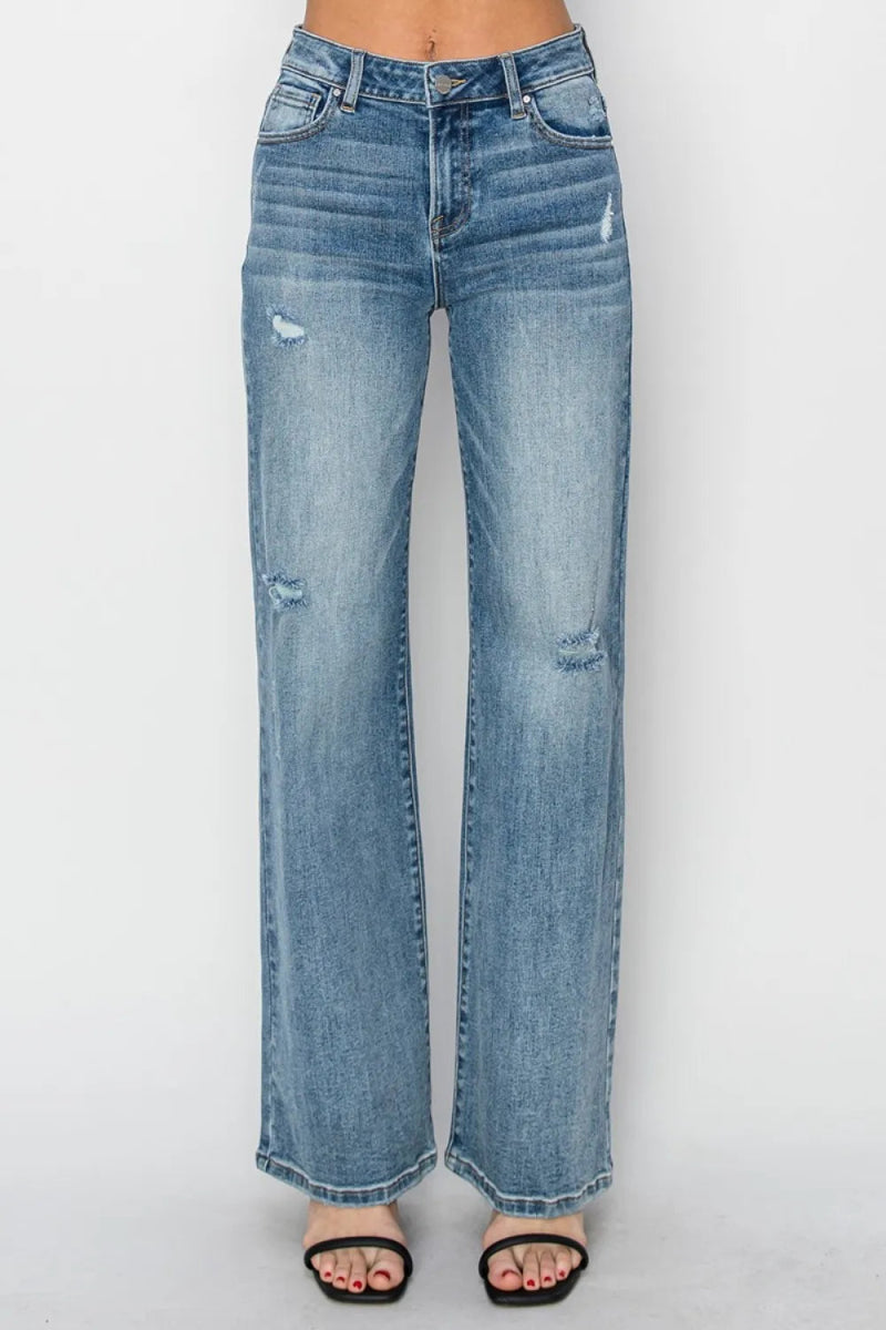 RISEN Full Size High Waist Distressed Wide Leg Jeans - Love Salve