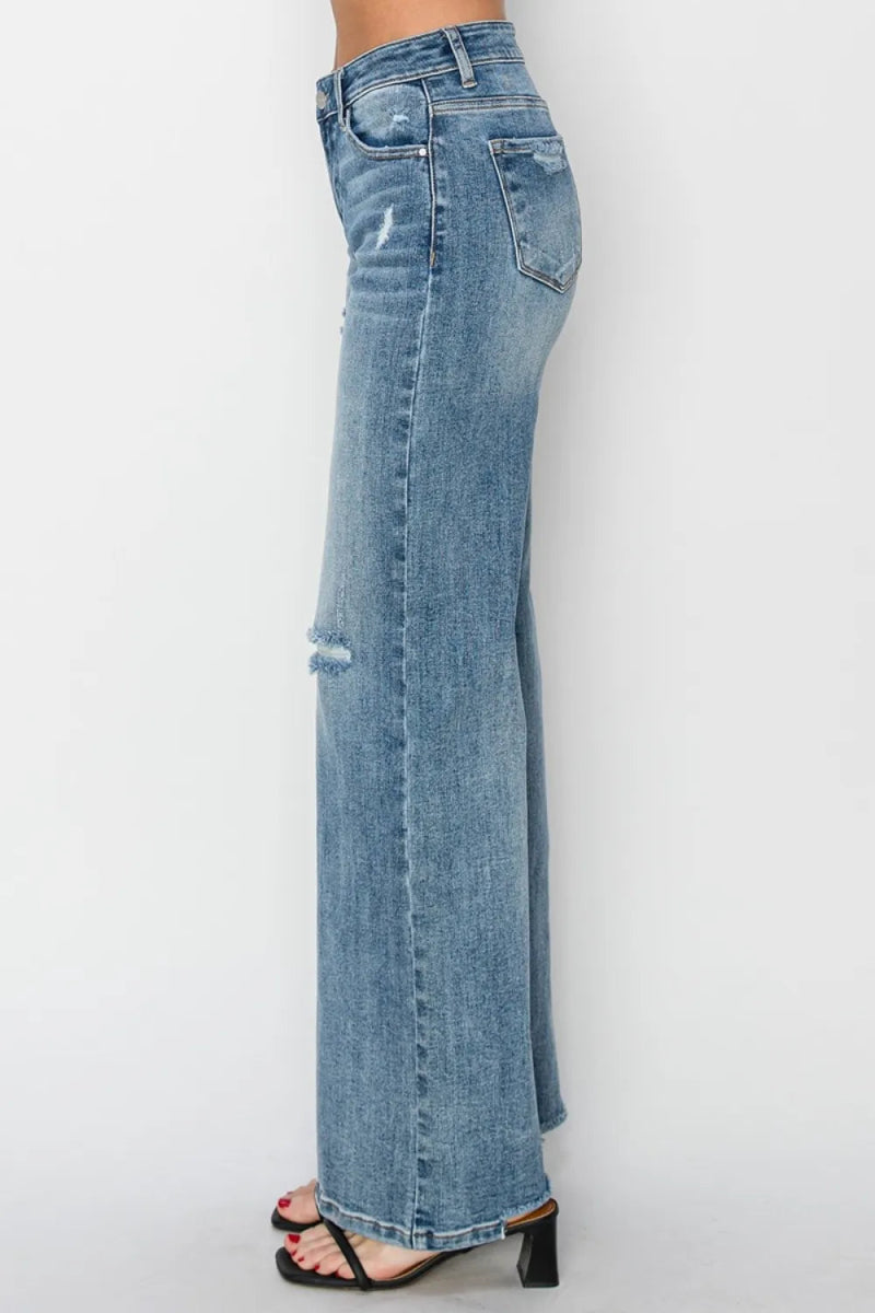 RISEN Full Size High Waist Distressed Wide Leg Jeans - Love Salve