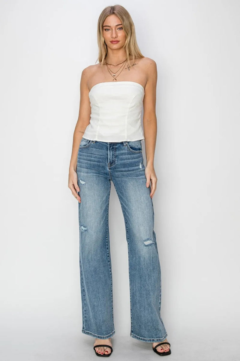RISEN Full Size High Waist Distressed Wide Leg Jeans - Love Salve
