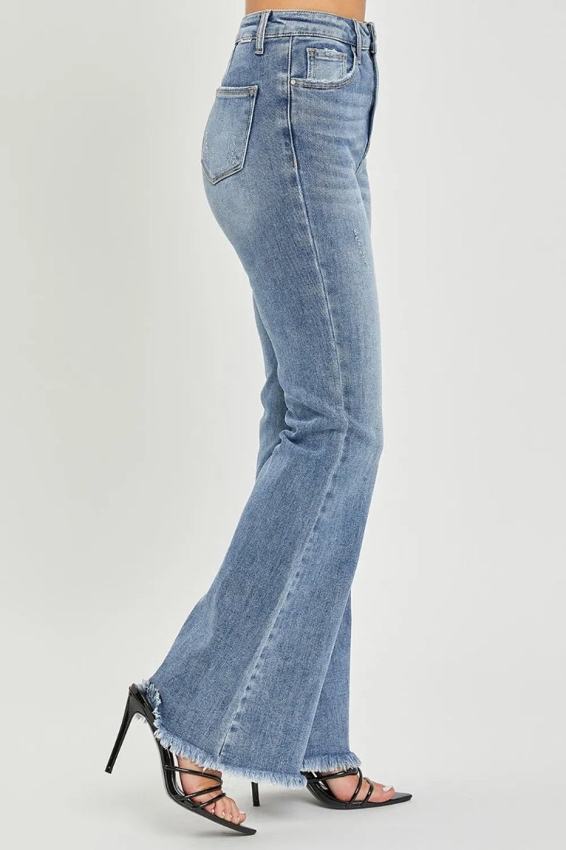 RISEN Full Size High Waist Raw Hem Flare Jeans for Women - Love Salve