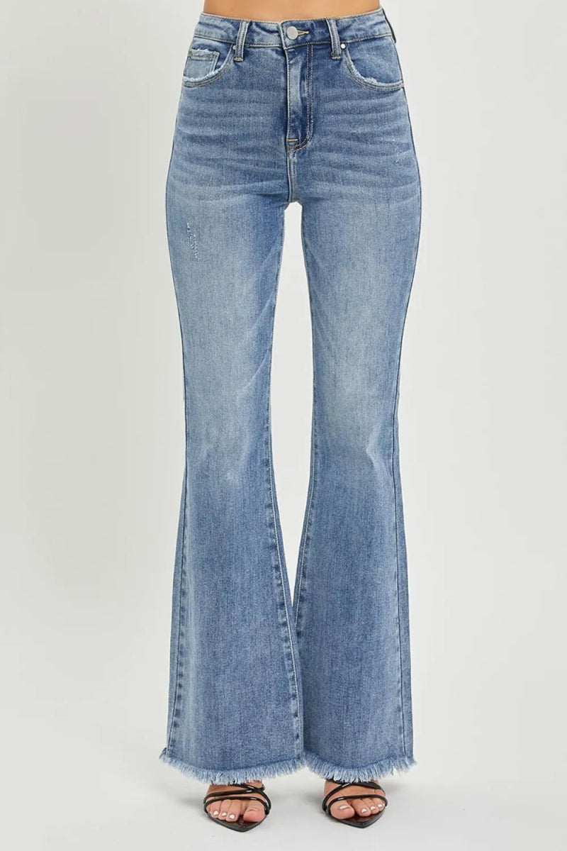 RISEN Full Size High Waist Raw Hem Flare Jeans for Women - Love Salve