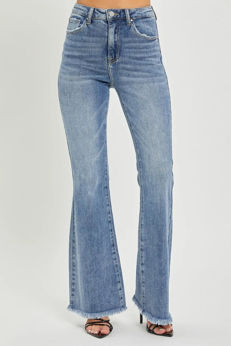 RISEN Full Size High Waist Raw Hem Flare Jeans for Women - Love Salve