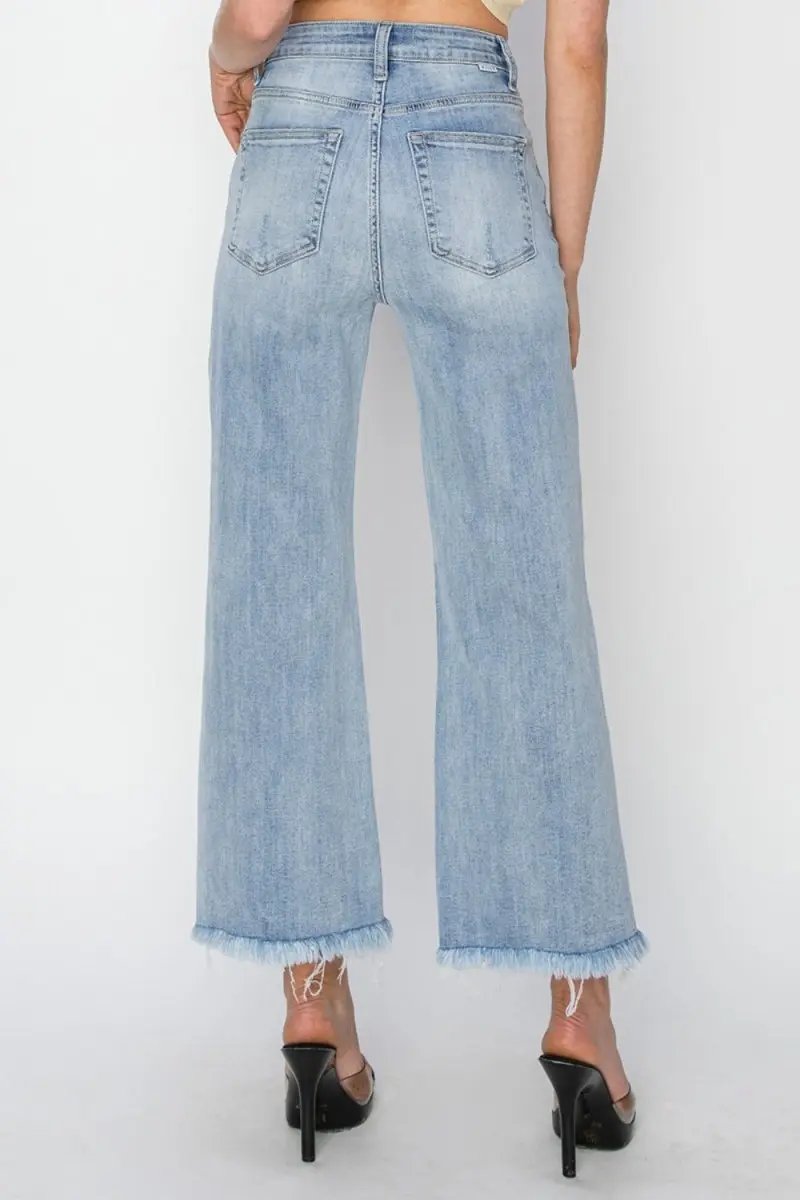 RISEN High Rise Crop Wide Fray Hem Jeans for Women - Love Salve