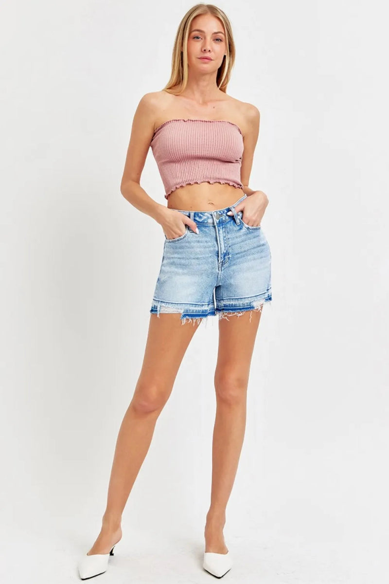 RISEN High Rise Distressed Hem Denim Shorts for Women - Love Salve