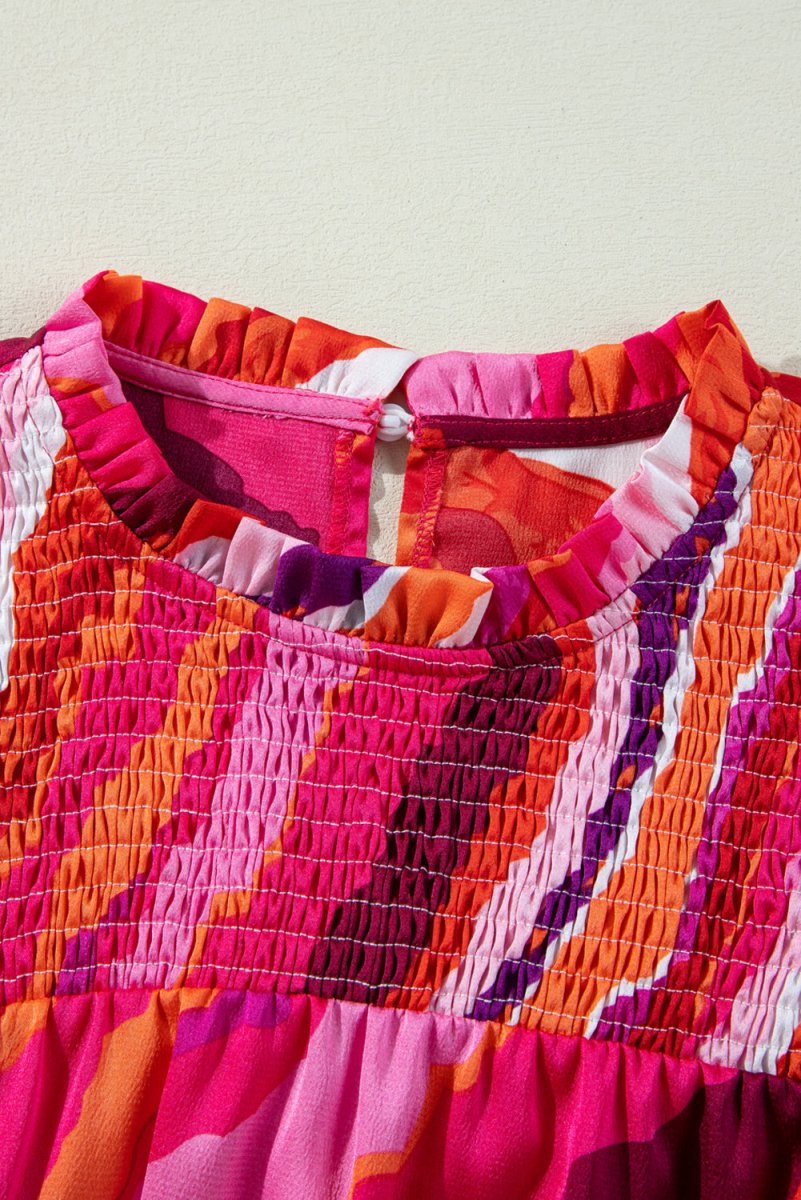 Rose Abstract Print Shirred Yoke Ruffled Blouse for Casual Wear - Love Salve