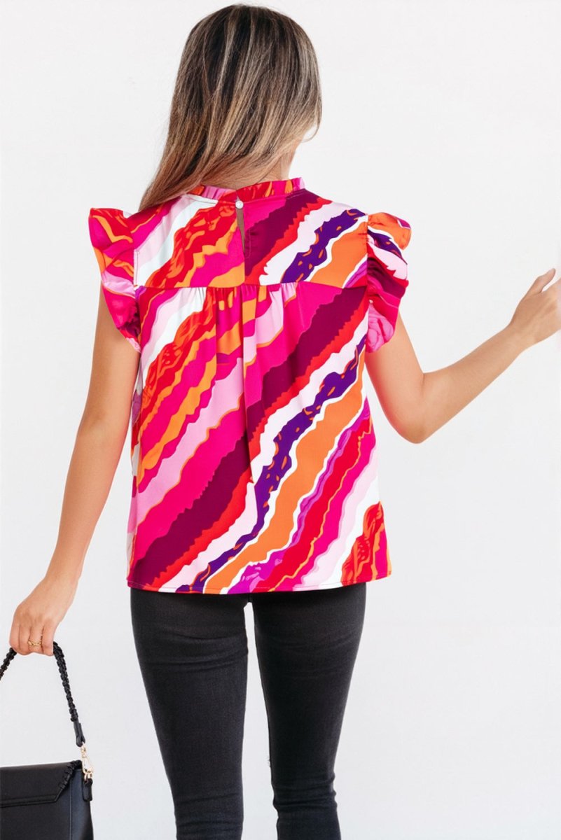 Rose Abstract Print Shirred Yoke Ruffled Blouse for Casual Wear - Love Salve