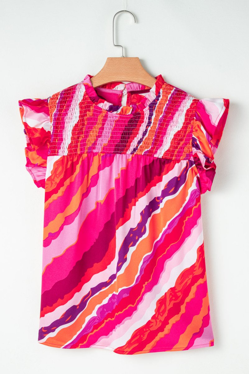 Rose Abstract Print Shirred Yoke Ruffled Blouse for Casual Wear - Love Salve