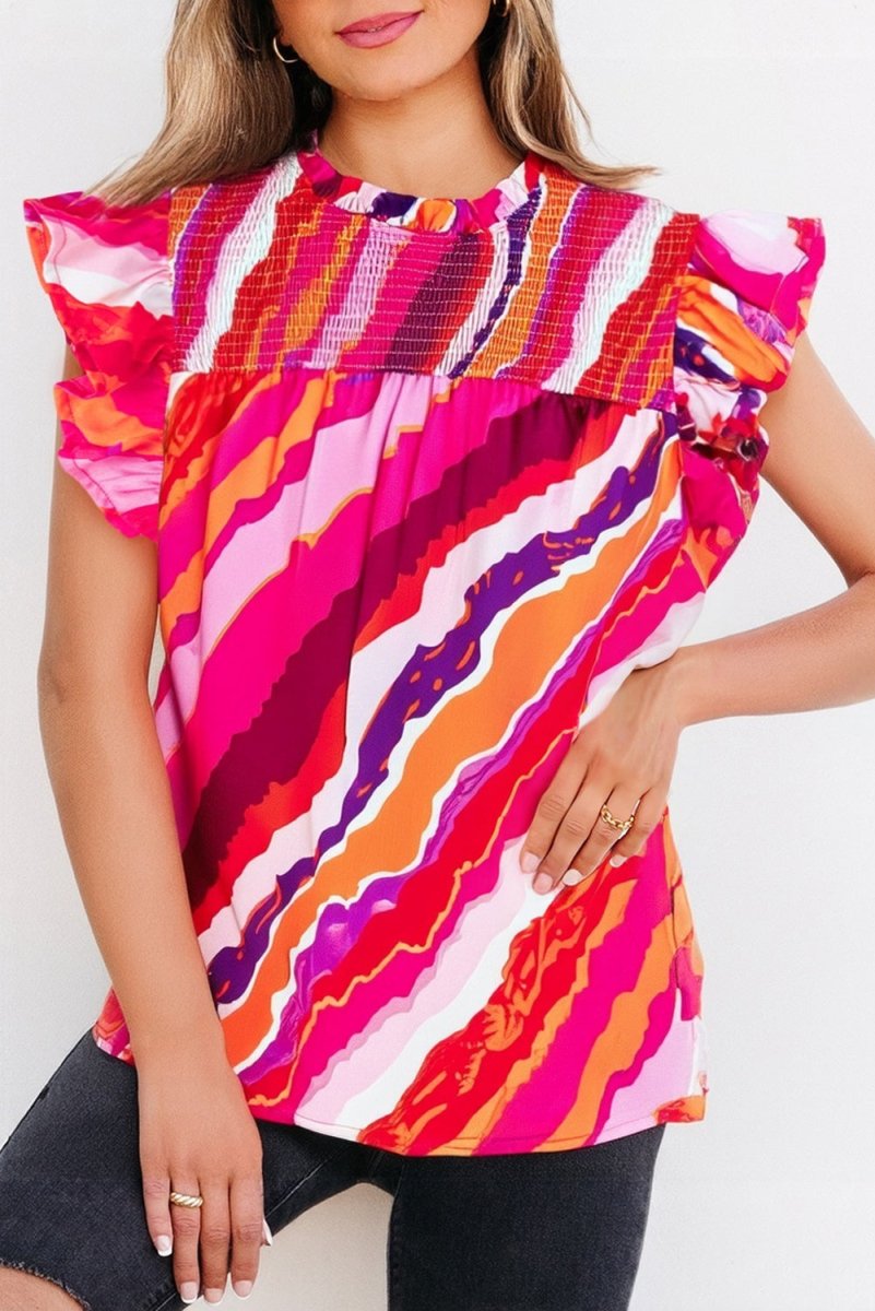 Rose Abstract Print Shirred Yoke Ruffled Blouse for Casual Wear - Love Salve