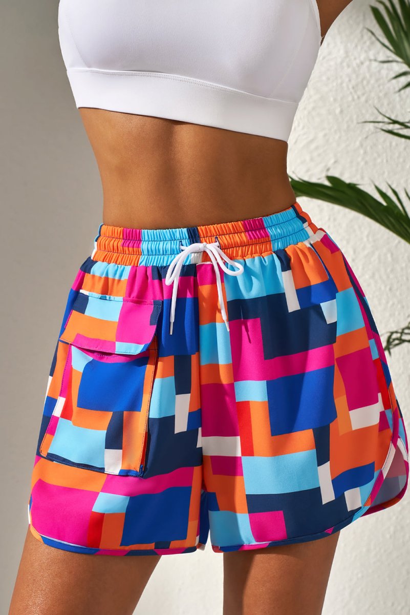 Rose Floral Geometric Print Drawstring Beach Shorts with Pockets - Love Salve