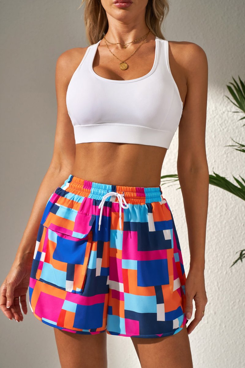 Rose Floral Geometric Print Drawstring Beach Shorts with Pockets - Love Salve