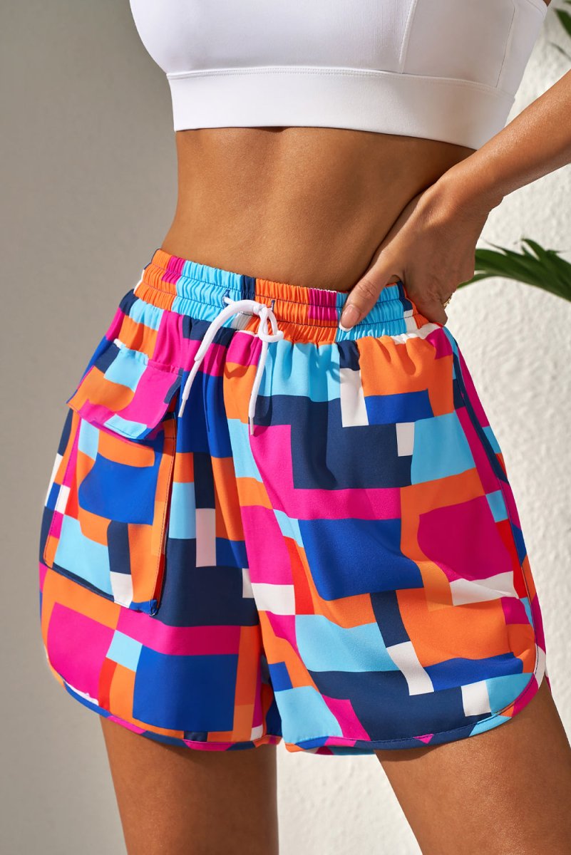 Rose Floral Geometric Print Drawstring Beach Shorts with Pockets - Love Salve