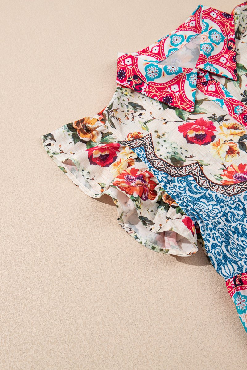 Rose Floral Mixed Pattern Ruffle Flutter Sleeve Dress - Love Salve