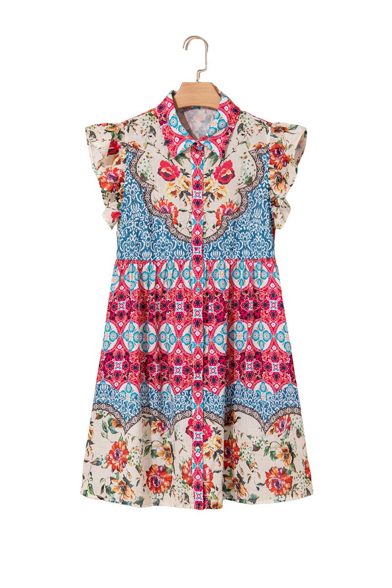 Rose Floral Mixed Pattern Ruffle Flutter Sleeve Dress - Love Salve