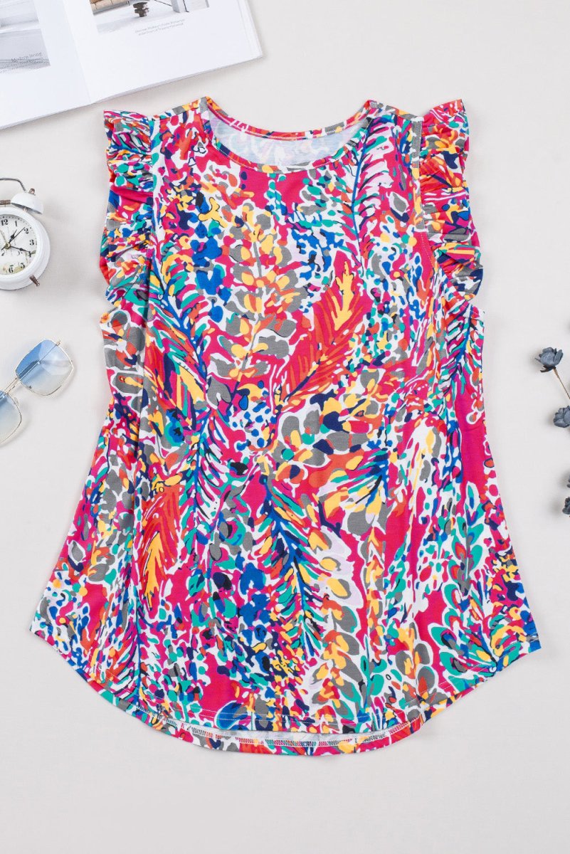 Rose Floral Print Tank Top with Ruffles Casual Sleeveless Summer Top - Love Salve