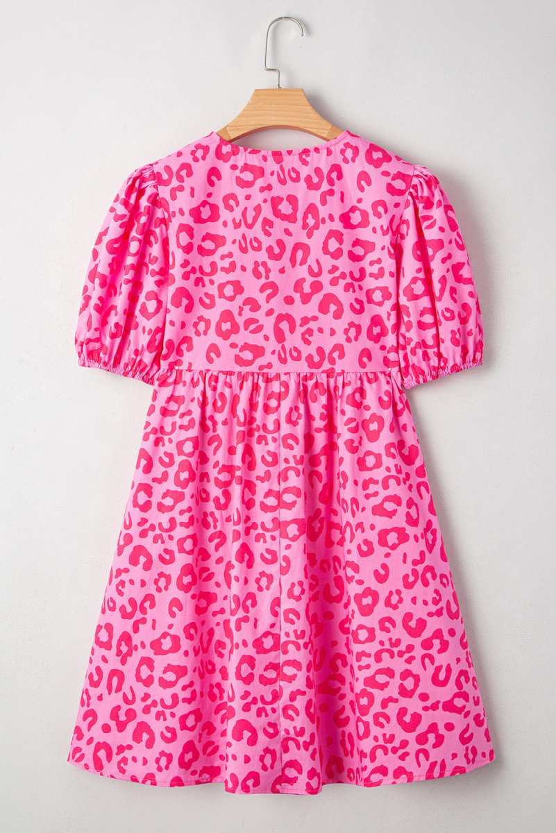Rose Leopard Puff Sleeve Tie Front High Waist Mini Dress - Love Salve