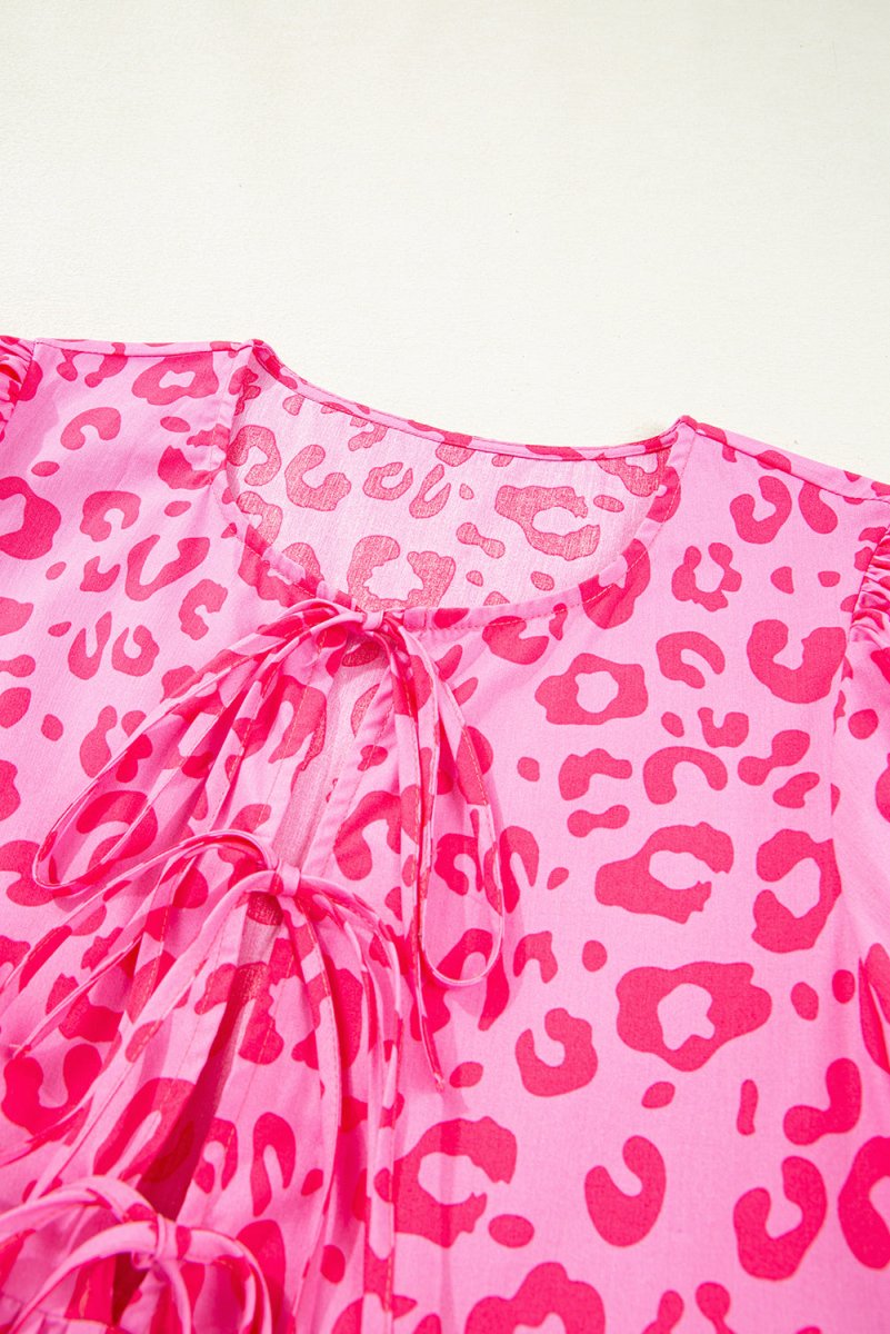 Rose Leopard Puff Sleeve Tie Front High Waist Mini Dress - Love Salve