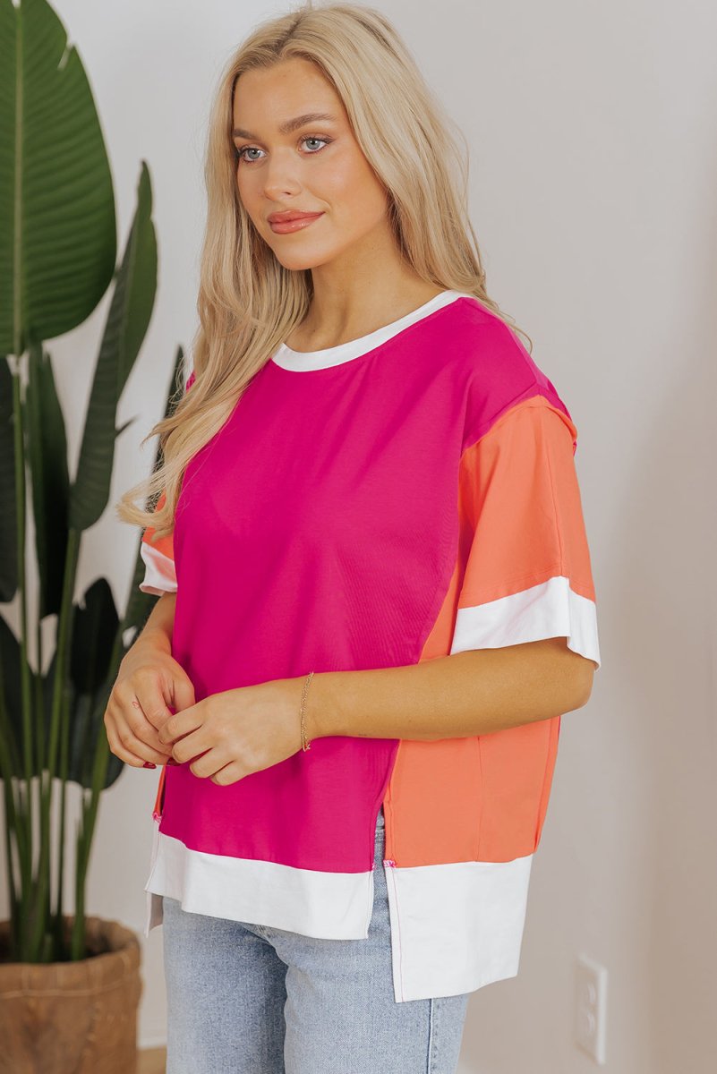 Rose Red Color Block Patchwork Side Slits Loose Fit T Shirt - Love Salve