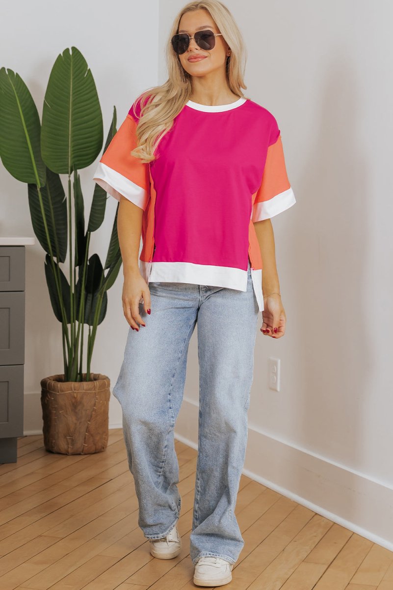 Rose Red Color Block Patchwork Side Slits Loose Fit T Shirt - Love Salve