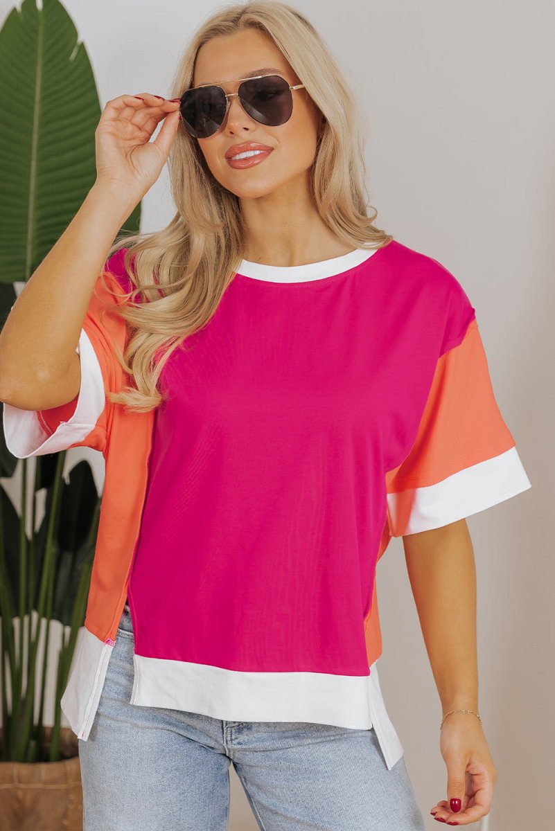 Rose Red Color Block Patchwork Side Slits Loose Fit T Shirt - Love Salve