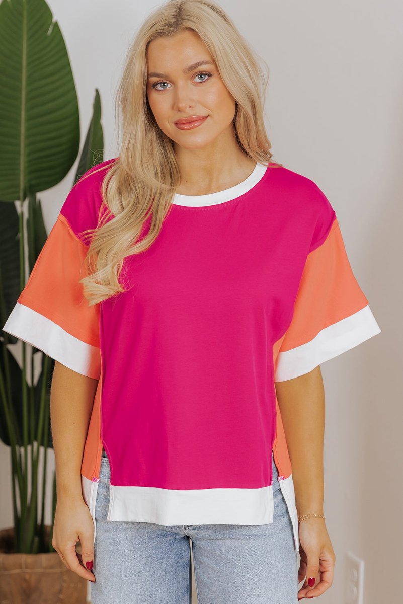 Rose Red Color Block Patchwork Side Slits Loose Fit T Shirt - Love Salve