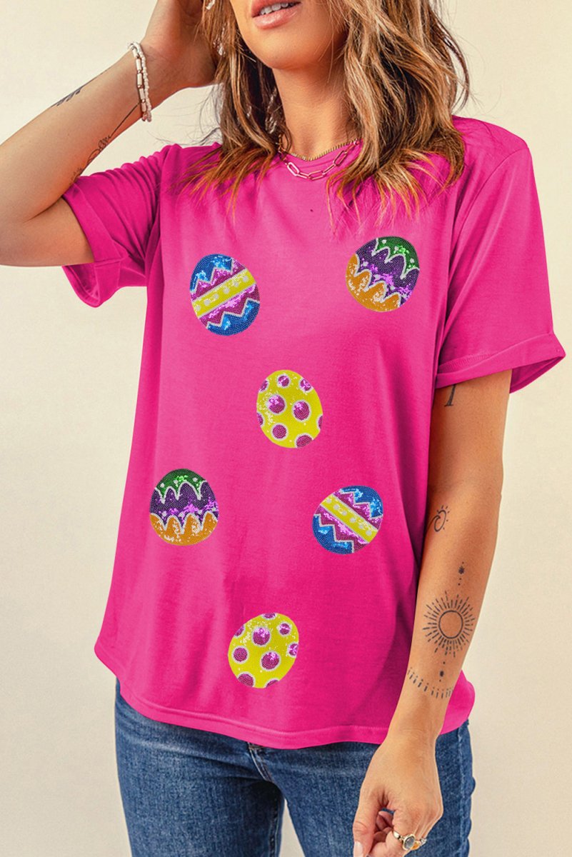 Rose Red Easter Eggs Patched Crew Neck Graphic Tee for Spring - Love Salve