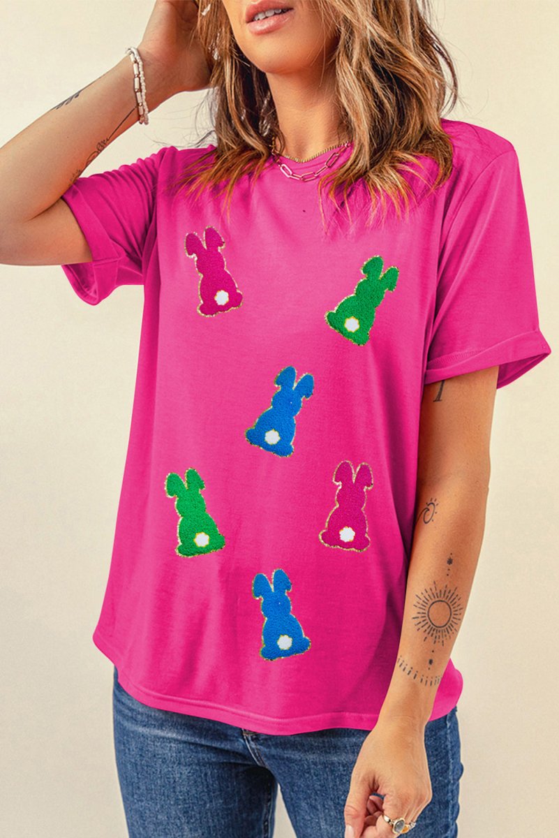 Rose Red Easter Rabbit Chenille Patched Pattern Crew Neck Tee - Love Salve