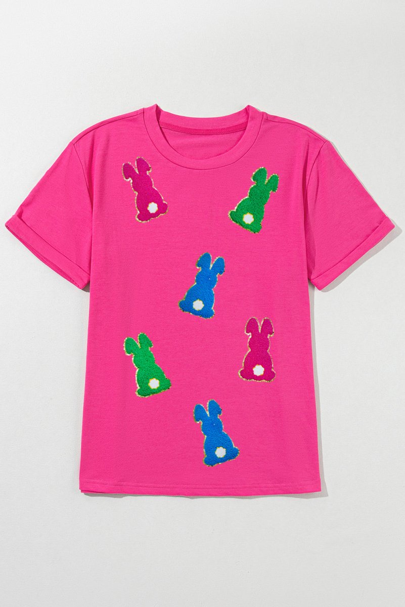 Rose Red Easter Rabbit Chenille Patched Pattern Crew Neck Tee - Love Salve
