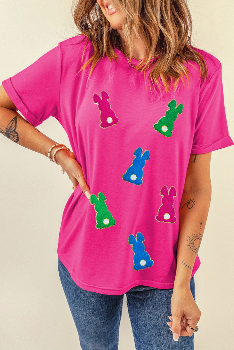 Rose Red Easter Rabbit Chenille Patched Pattern Crew Neck Tee - Love Salve