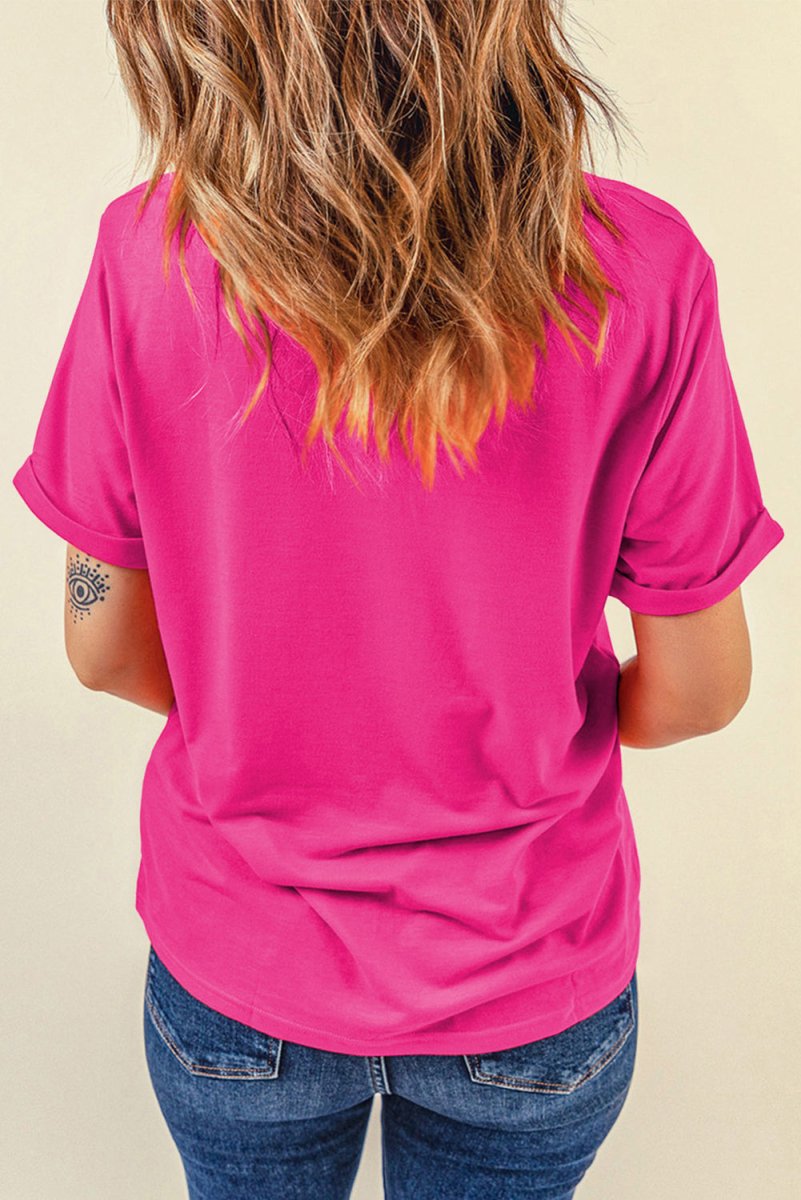 Rose Red Easter Rabbit Chenille Patched Pattern Crew Neck Tee - Love Salve