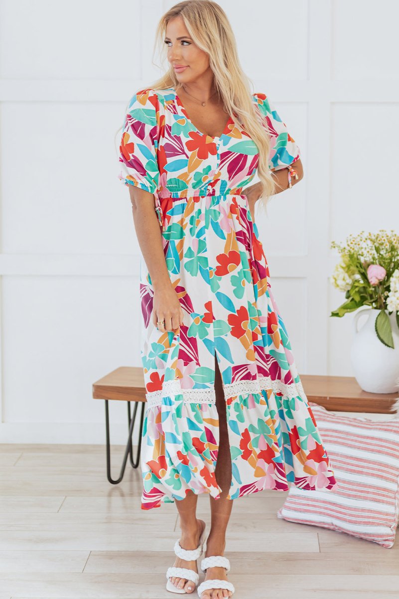 Rose Red Floral Knot Puff Sleeve V Neck Buttoned Dress - Love Salve