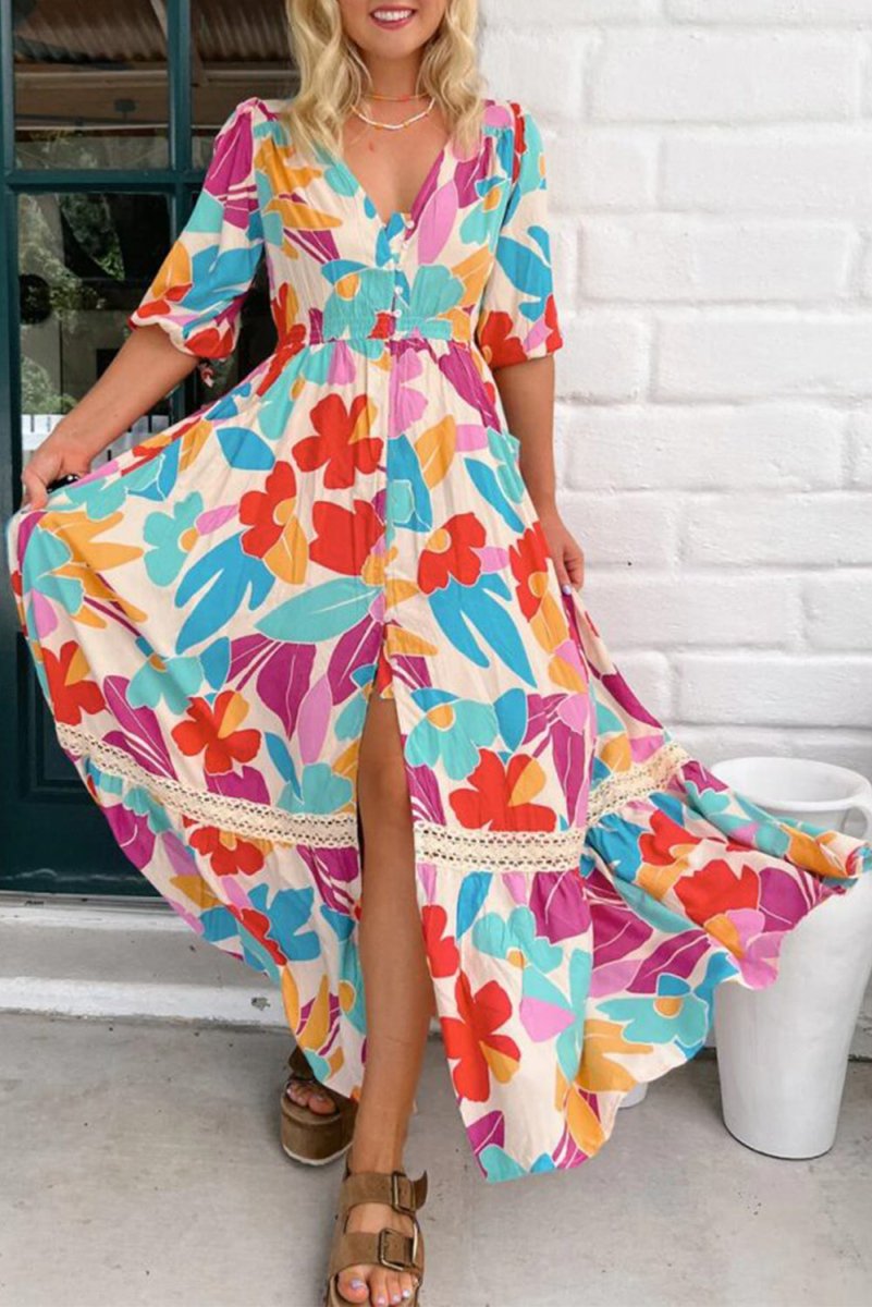 Rose Red Floral Knot Puff Sleeve V Neck Buttoned Dress - Love Salve