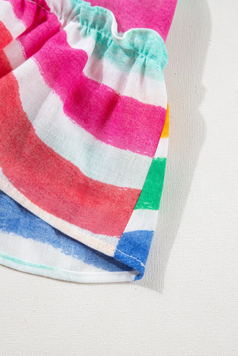 Rose Red Rainbow Stripes Ruffled Hem Drawstring V Neck Tank Top - Love Salve