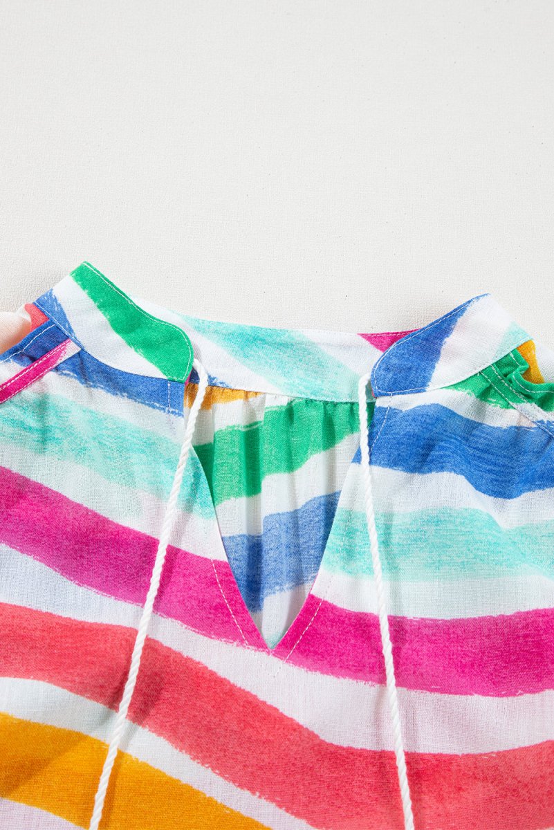 Rose Red Rainbow Stripes Ruffled Hem Drawstring V Neck Tank Top - Love Salve