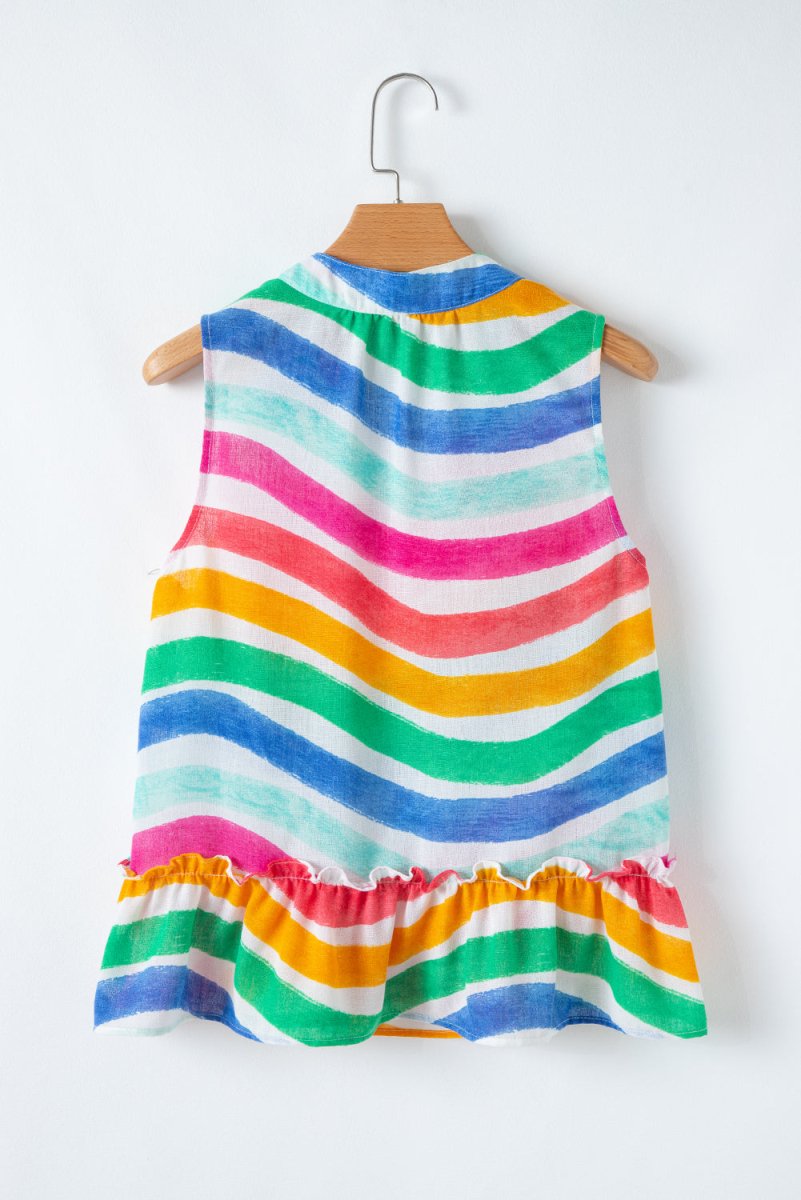 Rose Red Rainbow Stripes Ruffled Hem Drawstring V Neck Tank Top - Love Salve