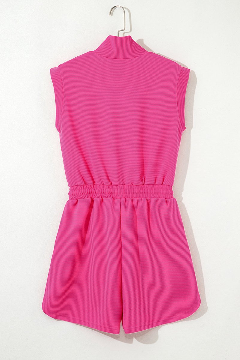 Rose Red Textured Short Sleeve Half Zip Drawstring Romper - Love Salve