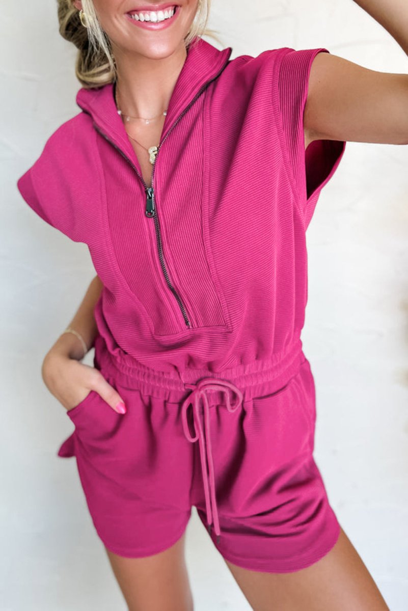 Rose Red Textured Short Sleeve Half Zip Drawstring Romper - Love Salve