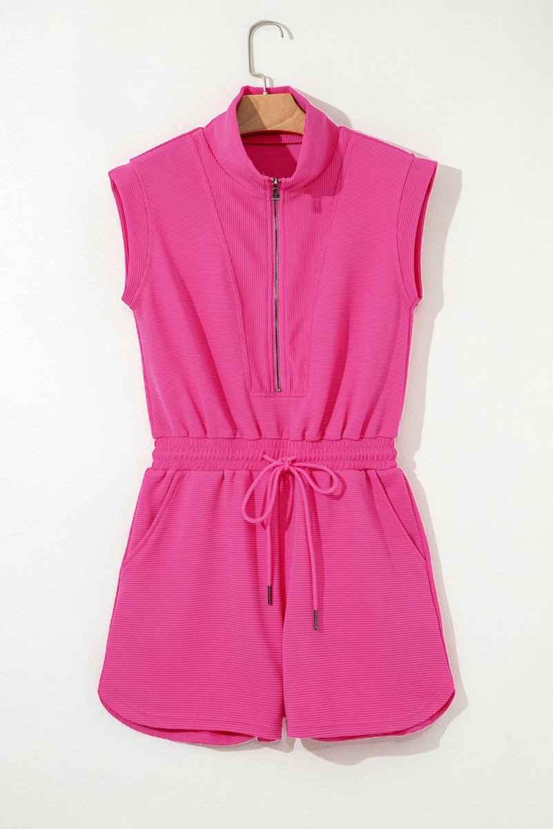 Rose Red Textured Short Sleeve Half Zip Drawstring Romper - Love Salve