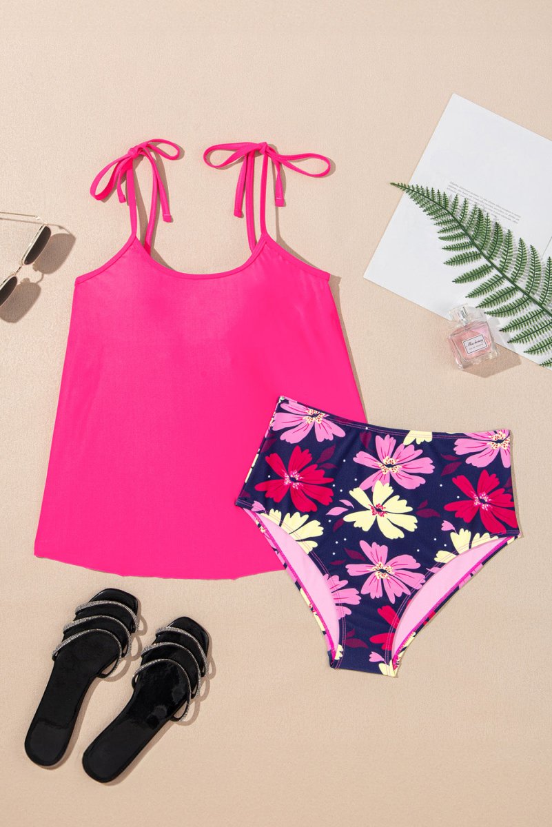Rose Red Tie Shoulder Floral Print Cute Tankini Set for Summer - Love Salve