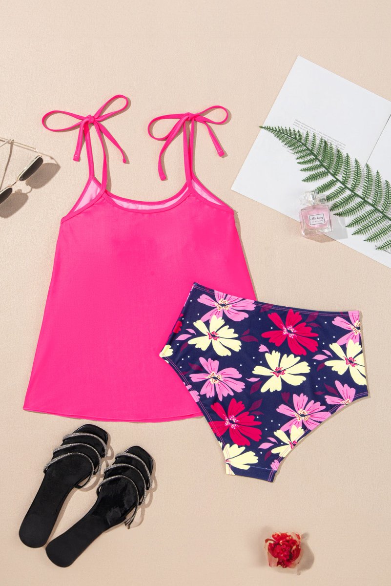 Rose Red Tie Shoulder Floral Print Cute Tankini Set for Summer - Love Salve