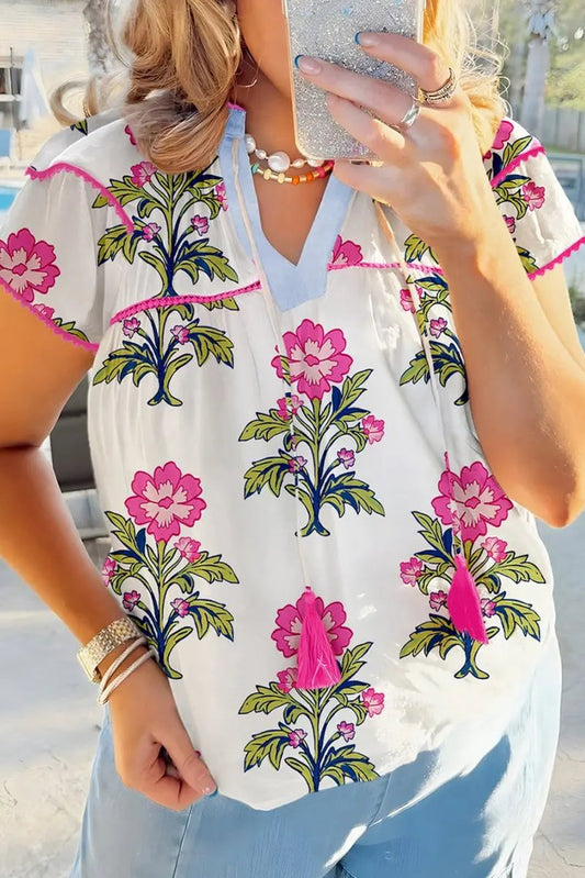 Rose Vintage Floral Print Contrast Notched V Neck Plus Size Summer Blouse - Love Salve
