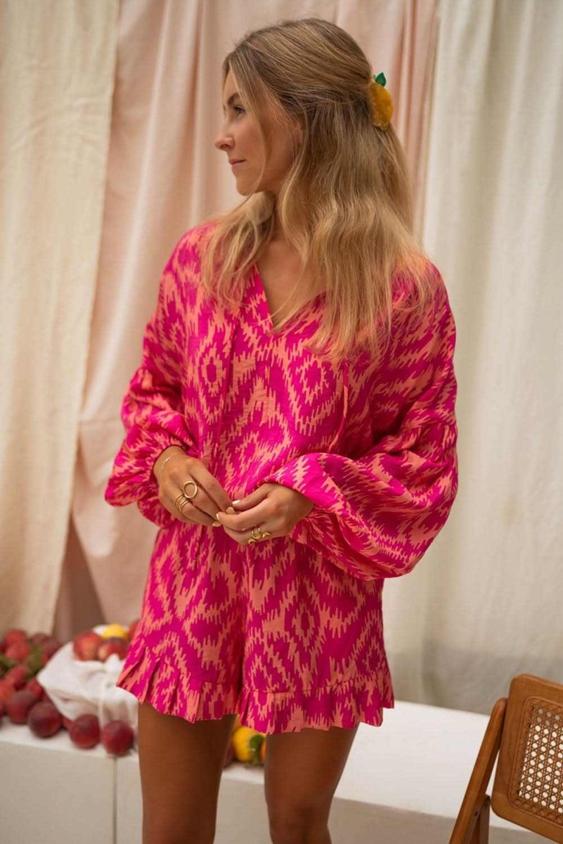 Rose Western Aztec Geometric Print Top and Ruffled Shorts Set - Love Salve