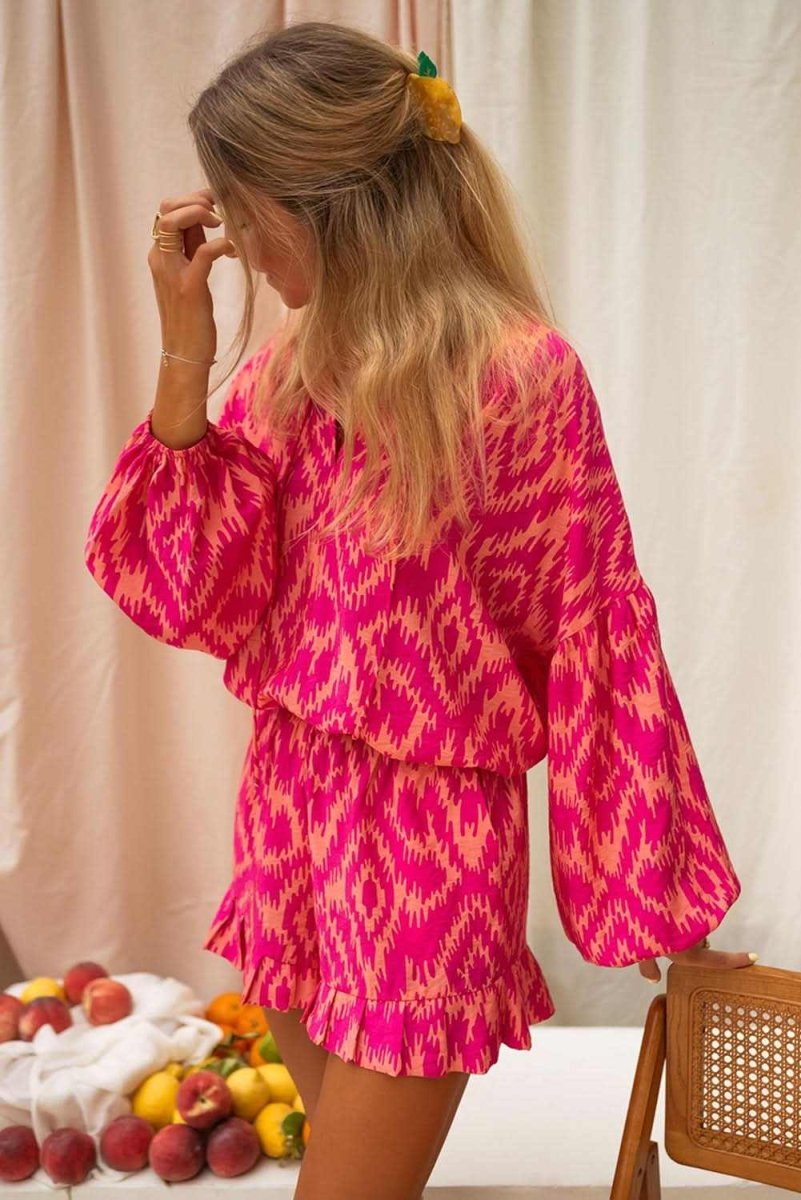 Rose Western Aztec Geometric Print Top and Ruffled Shorts Set - Love Salve